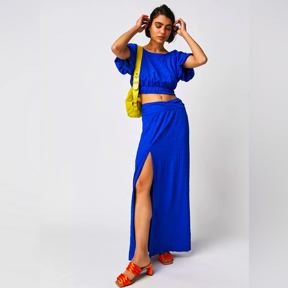 FREE PEOPLE 2pc Mazarine Blue TOVAH Flutter Sleeve/Maxi Skirt Set NWT